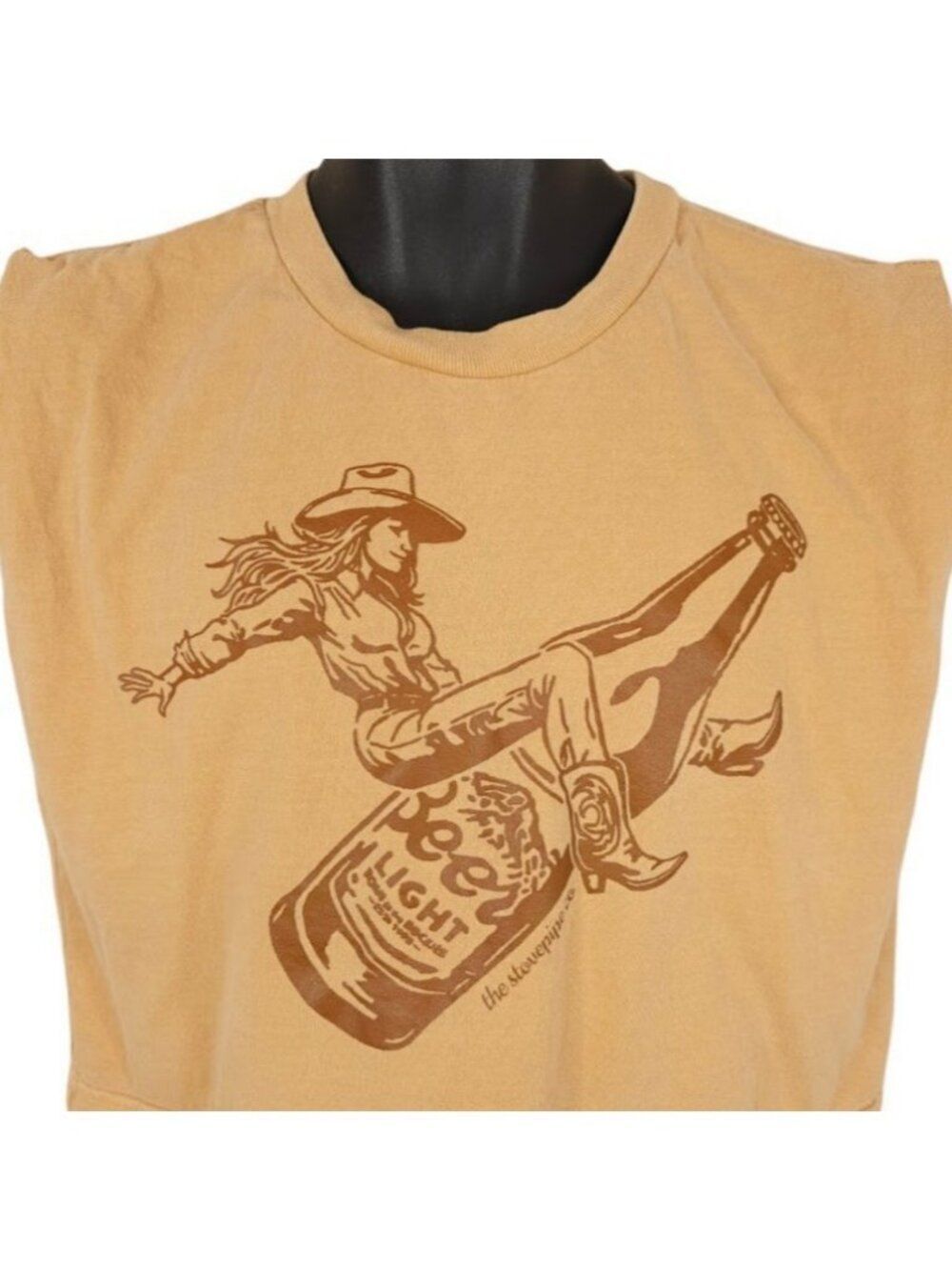 Beer Riding Cowgirl Crop Top T Shirt Womens Size Small Beige Rodeo Sleeveless